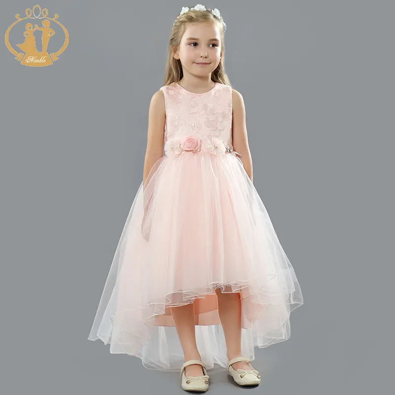 NIMBLE 2022 Sequined Tulle Flower Girls Wedding Tailing Dresses First Communion Frock White Baby Kids Bridesmaid Clothing