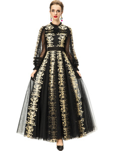 Abito formale retrò con scollo <span class=keywords><strong>a</strong></span> V, ricamato, <span class=keywords><strong>a</strong></span> maniche lunghe e larghe, lunghezza maxi, abbigliamento femminile in stile europeo. - Product Image 1