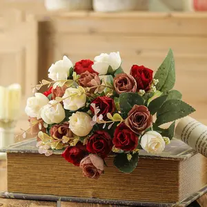 21 головка популярных высококачественных недорогих цветочных свадебных красных роз, искусственные шелковые цветы, пучки, украшения, букет искусственных роз