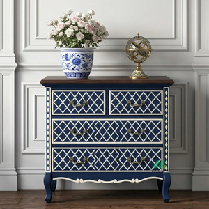 Commode traditionnelle en bois bleu marine avec incrustations blanches, 5 tiroirs, meuble de rangement pour chambre à coucher - Product Image 1
