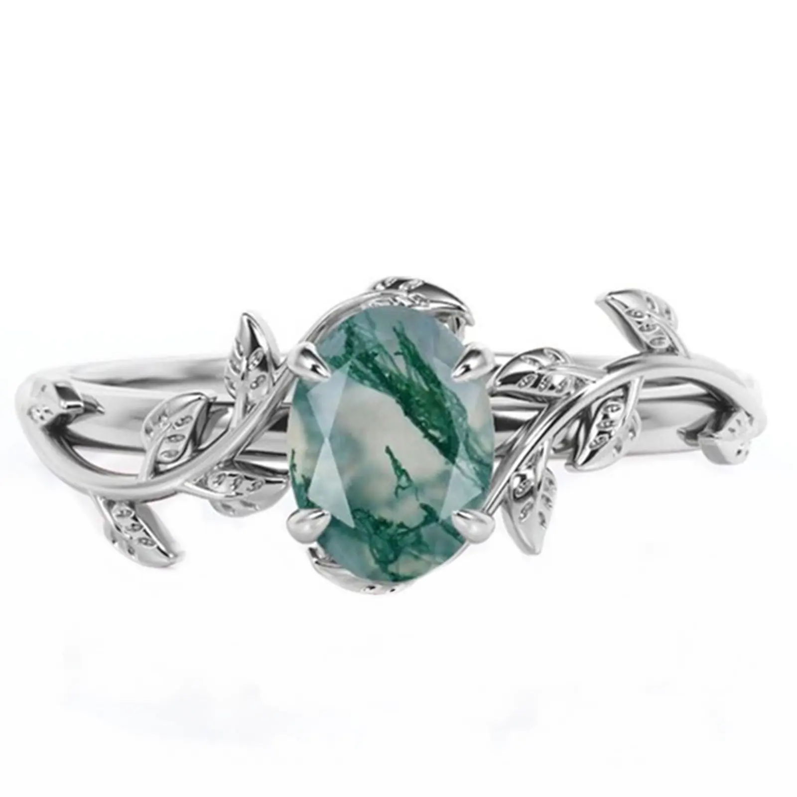 Fashion Jewelry Gifts Women Men Moss Agate Ring 925 Sterling Silver Leaf Moss Agate Rings