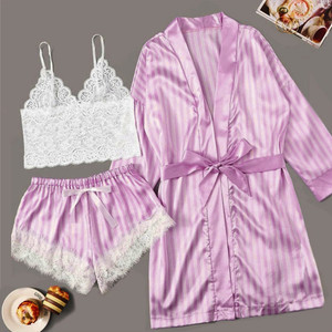 Set pigiama in raso da donna a manica lunga Sexy pigiami in pizzo biancheria da notte 3PC biancheria da notte per l'estate e la primavera - Product Image 3