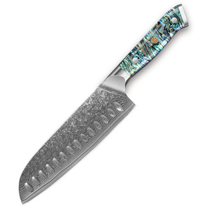 Damascus Steel Santoku Knife <b>Abalone</b> <b>Shell</b> Handle Granton Edge Hollow Ground Blade, Sharp Japanese Kitchen Knife for Meat - Product Image 1
