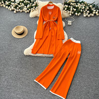 Kadin 3-Piece kadın moda 3 parça örgü Set uzun bel kravat hırka kısa kollu T Shirt geniş bacak pantolon