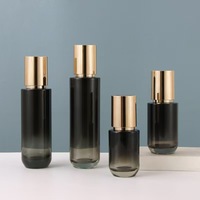 Set Kosmetik Kaca Mewah Gradasi Hitam + Emas, Wadah Krim Wajah 50g, Botol Lotion 40ml-120ml, Botol Semprot Makeup Kaca