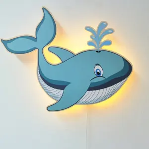 Decoración de pared de ballena de animales marinos con luz LED cálida, luz de pared para guardería, interruptor de tracción con pilas AA para habitación de niños