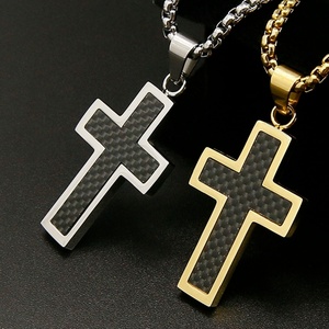 Collar con Colgante Personalizado para Hombre en Tono Plata y Oro, Colgante de Cruz de Fibra de Carbono y Acero Inoxidable, Gran Venta - Product Image 6