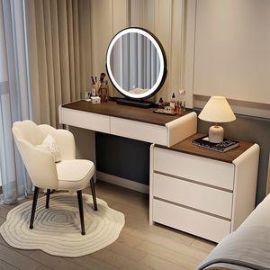 Table de maquillage moderne de luxe en bois massif avec rangement intégré pour chambre à coucher et dressing - Product Image 3