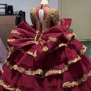 Vestido de Quinceañera Rojo y Dorado con Flores, Vestidos de 15 Años con Lentejuelas, Cuentas y Encaje, Vestido de Fiesta Xs202 - Product Image 5