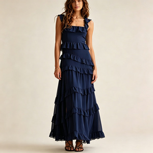 <span class=keywords><strong>Vestido</strong></span> Maxi <span class=keywords><strong>Azul</strong></span> <span class=keywords><strong>Marino</strong></span> con Volantes en Capas para Mujer, Cuello Cuadrado, Sin Mangas, Fluido, Elegante, Casual, de Verano - Product Image 1