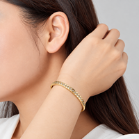 Bracelet jonc géométrique en zircon transparent, acier inoxydable avec placage sous vide or 14 carats, ligne de pierres facettées dorées