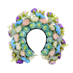 Dongchen Crafts <b>Silk</b> Flower <b>Headband</b> Pink Green Ethnic Style Hair Accessory For Photo Performance Prop - Product Image 4