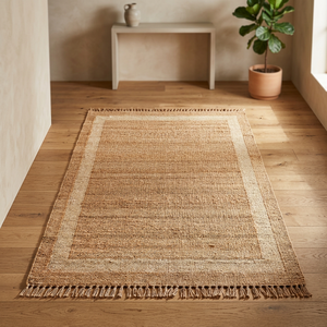 Tapis en jute terracotta avec bordure et pompons - Tapis bohème tissé à la main en orange chaud pour salon Majlis - Product Image 3