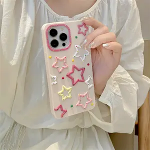 غطاء هاتف محمول من السيليكون وردي اللون ثلاثي الأبعاد من نجوم الموضة والجلد لسلسلة Iphone