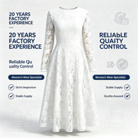 Robe midi élégante pour femme 2026 à col rond et manches longues en dentelle, broderie florale, taille smockée, idéale pour les soirées et les invitées de mariage