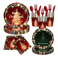 Nouveautés de Noël transfrontalières : Ensemble de vaisselle jetable, Assiettes en papier, Articles de fête sur le thème des sapins de Noël pour réceptions
