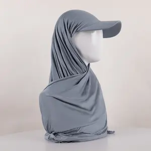 Long foulard hijab instantané en jersey de couleur assortie avec casquette de baseball Sporty luxueux avec hijab long pour femmes prêt à être expédié