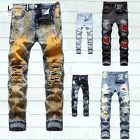 Pantalones Vaqueros de Diseño Personalizado, Estilo Casual, de Alta Calidad, con Parches de Colores, Desgastados, Corte Recto para Hombre