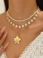 Ensemble de 3 colliers personnalisables avec pendentifs en forme de cœur bohème, perles d'imitation et fleurs marguerites, en alliage, bijoux de fête pour femmes
