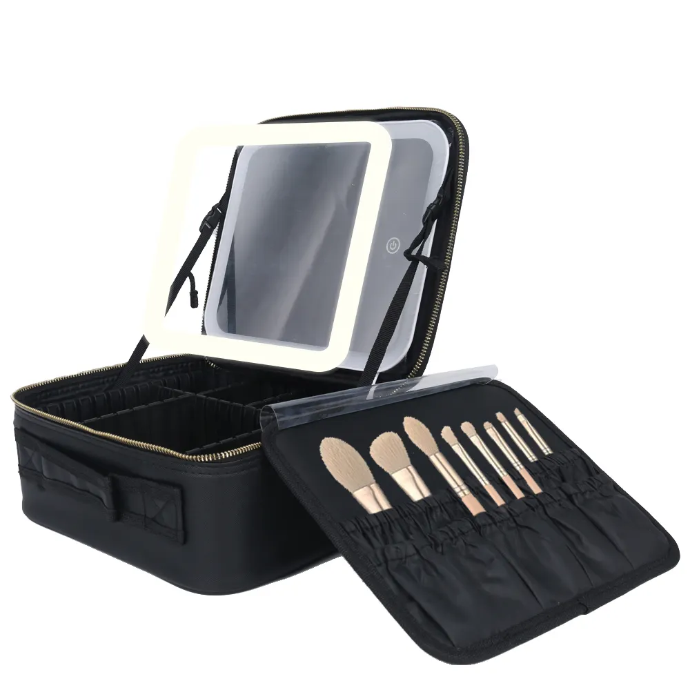 PU Makeup Box With Adjustable Dividers Large Cosmetic Bag Makeup Case With Led Mirror Makeup 3 Color Setting Organizer