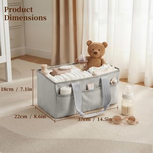 Panier de rangement pliable en velours côtelé gris avec poignée, organiseur de couches pour bébé et rangement quotidien - Product Image 2