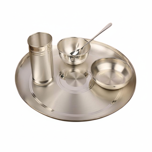 Brass Silver Color Food Thali Set 2 Bowl 1 <b>Glass</b> 1 Spoon and 1 Thali For Lunch And Dinner At Bestest Prices - Product Image 1