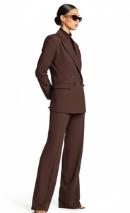 Chocolate Brown Double Breasted Blazer Wide Leg Pants <b>Set</b> Elegant Tailored Pantsuit Chic Formal <b>Office</b> Wear Business Outfit - Product Image 4