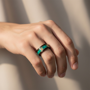 Bague en tungstène plaqué noir sur mesure 8 mm avec incrustation d'<span class=keywords><strong>opale</strong></span> verte et feuilles d'or, en carbure de tungstène, pour homme et femme, idéale pour fiançailles, mariage, cadeau - Product Image 3