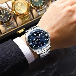 Montre pour homme Poedagar 873 de luxe, étanche, lumineuse, avec date, mouvement à quartz, bracelet en acier inoxydable - Product Image 3