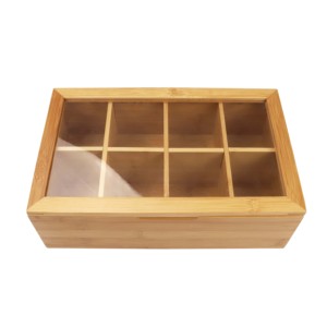 Eco friendly bamboo wooden tea storage stash box packaging organizer box with clear lid