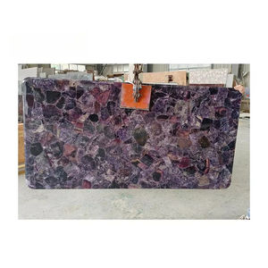 Dalles de pierre de cristal de fluorite translucide rétroéclairée naturelle de couleur violette pour panneau mural/comptoir/revêtement de sol - Product Image 4