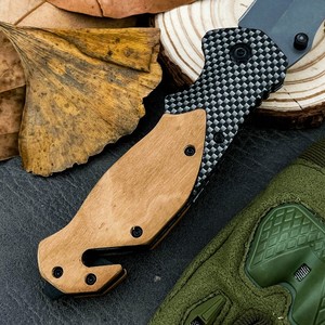 Navaja Plegable de Acero Inoxidable con Mango de Madera, Hoja Serrada de Punta Caída, Táctica, para Camping y Exteriores, OEM - Product Image 3