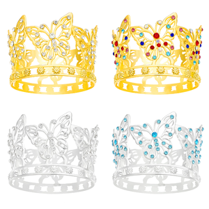 新しいクラウン花花束装飾蝶クラウン美しい合金ラウンドクラウン誕生日パーティーケーキ装飾新しい誕生日ケーキ - Product Image 1