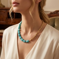 Collier élégant en turquoise naturelle avec perles et chaîne torsadée plaquée or, collier ras-du-cou épais, bijoux directement de l'usine