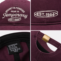 Casquette de baseball personnalisée bordeaux en sergé de coton à 6 panneaux, broderie cursive, sangle réglable, unisexe, style rétro, vente en gros OEM ODM
