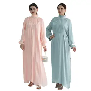 L-203 New2024 Islamic Clothing Breathable Blue Abaya Fancy Summer Muslim Ladies Dress For Women Dubai Evening Dress