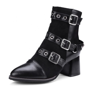 Bottines à talon épais pour femmes, bottes courtes à bout pointu, avec sangle à boucle, escarpins d'hiver - Product Image 1