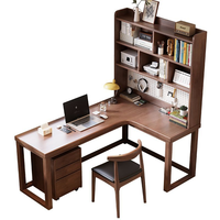 Bureau d'angle moderne en bois massif épaissi en forme de L avec bibliothèque intégrée, bureau d'ordinateur pour chambre, étagère perforée et prise intégrée