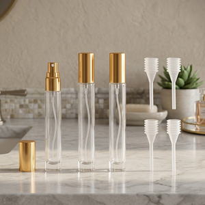Vente en gros de mini flacons d'échantillons de parfum en verre transparent 2ml 3ml 5ml 10ml, rechargeables avec pulvérisateur à pompe, estampage à chaud doré et impression sur surface - Product Image 3