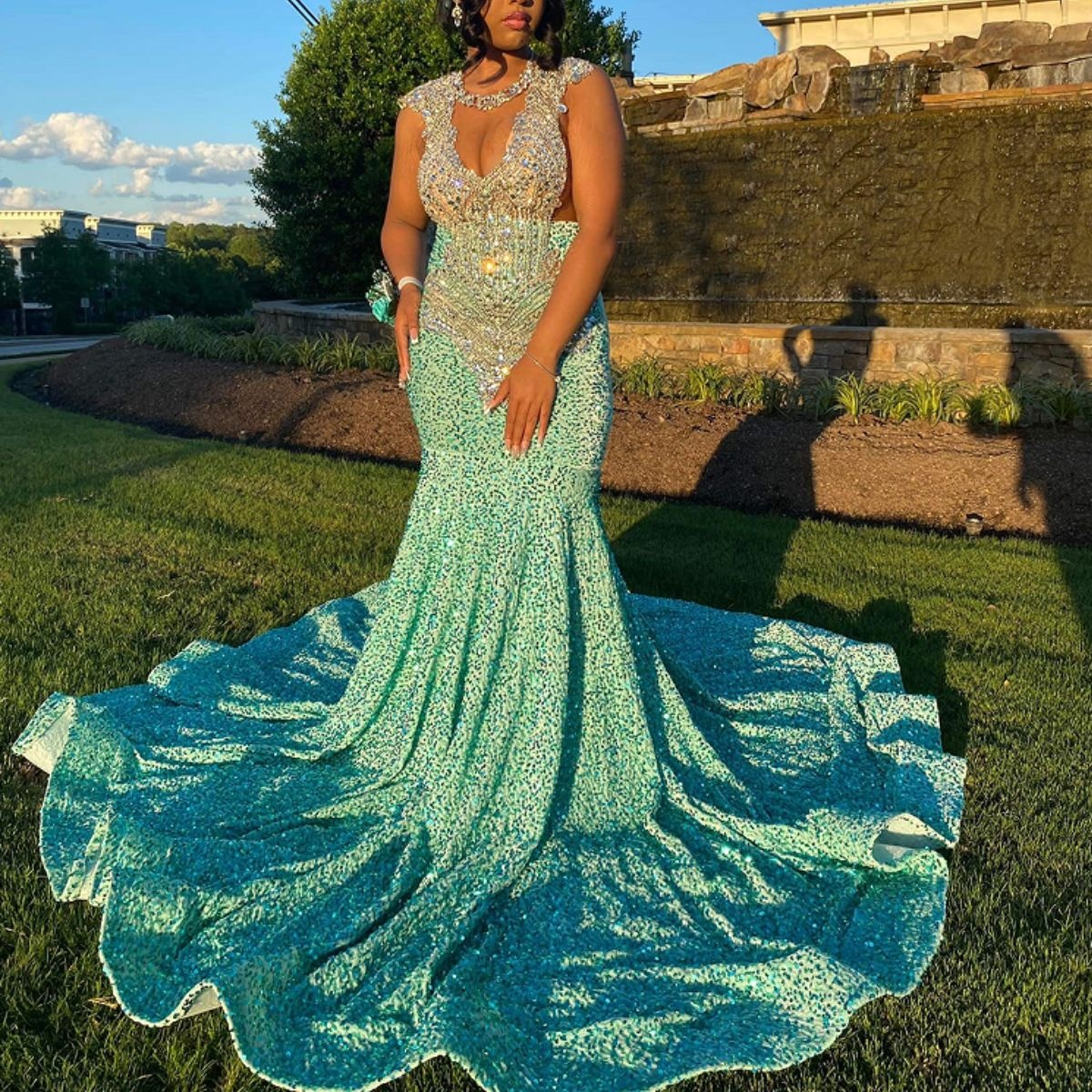 blue and gold mermaid dress ZAPAKA Sparkly Dark Navy Prom Dress Mermaid Sweetheart Corset Long Evening Party Dress with Slit, Peacock / US18W