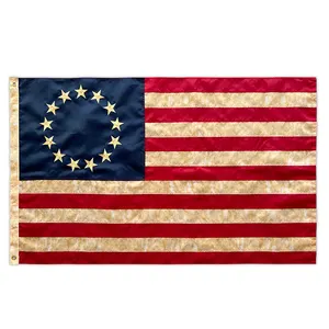 3X5ft Vintage American Embroidered Stars Tea Stained Betsy Ross Flag With Circle Of Stars