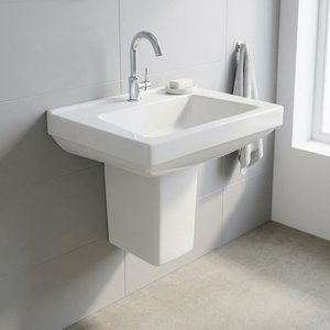 Vistaar Lavabo en céramique blanche à demi-pied, de forme carrée, design export pour centres commerciaux et villas - Product Image 2