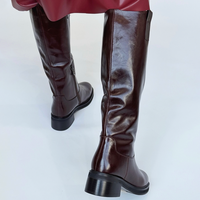 Bottes hautes plissées rétro françaises pour femmes, en cuir véritable, avec doublure en fourrure, coupe ajustée, style décontracté