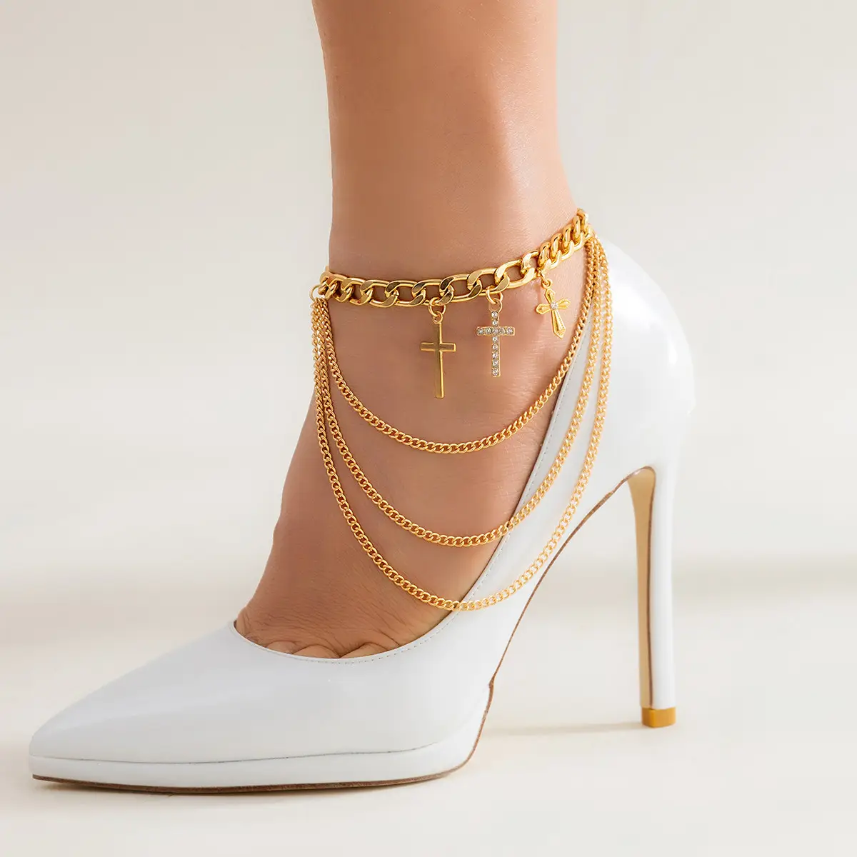 lady silver 18k gold cuba chain anklets summer beach link chain ankle foot jewelry for women rhinestone cross pendant anklet