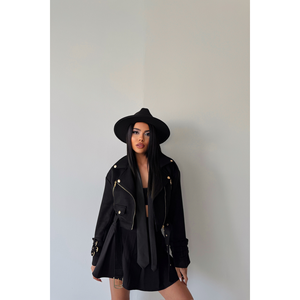 Blouson court en daim noir à 3 manches avec ceinture, style bomber brodé – Tissu satiné, peau de mouton courte teinte pour le printemps, polyester - Product Image 3