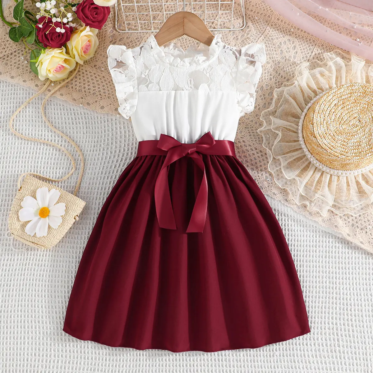 4-7Y kids wholesale clothes summer petal sleeves children daily wear casual clothing girls elegant dress with belt