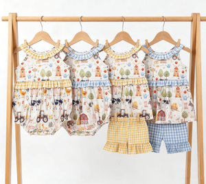 Sibling Baby Girls Sleeveless Pigs Cows Tunic Ruffle Short Farm <b>Clothes</b> Set Rompers - Product Image 1