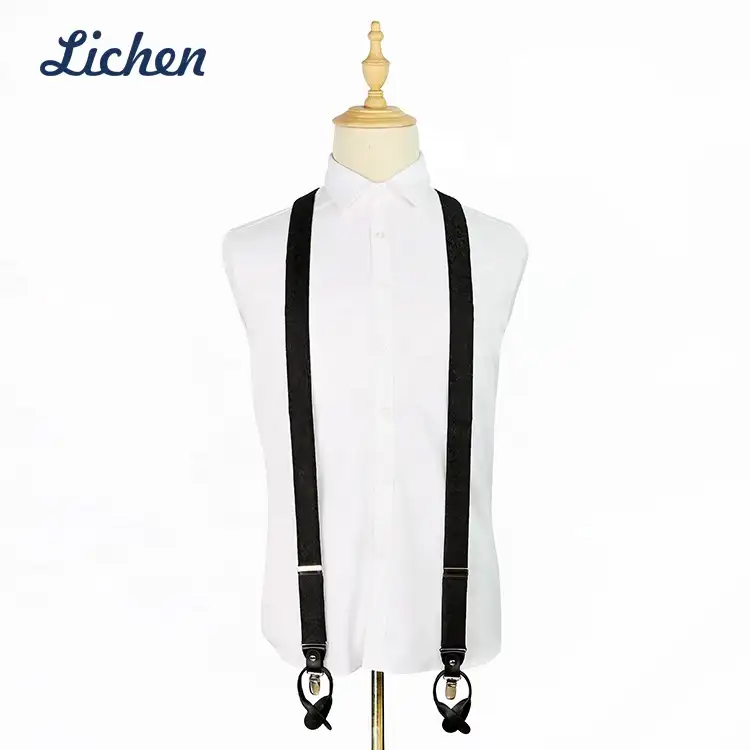 Suspensório de fivela preta para homens, calças com gravata no pescoço, conjunto de presente com laço