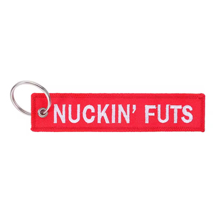 Etiqueta de Llavero de Tela Bordada Roja Personalizada de Fábrica con Texto NUCKIN FUTS para Actividades Diarias - Product Image 5