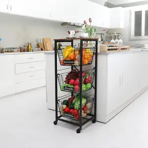 Cesta de frutas de 3 niveles, soporte de suelo, marco de acero al carbono, carrito de cocina con ruedas y parte superior de madera